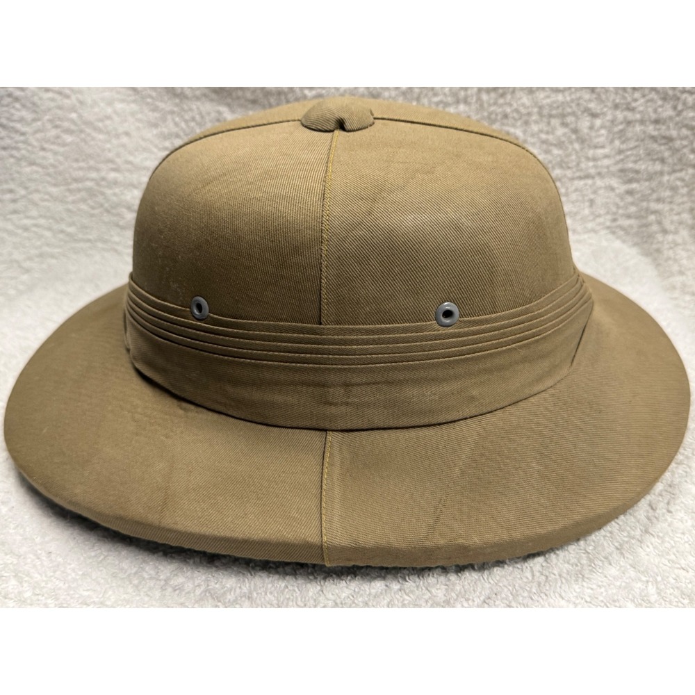 Vintage Khaki Cotton Pith Helmet Safari Explorer Sun Hat Size 7 Tan - Picture 3 of 8